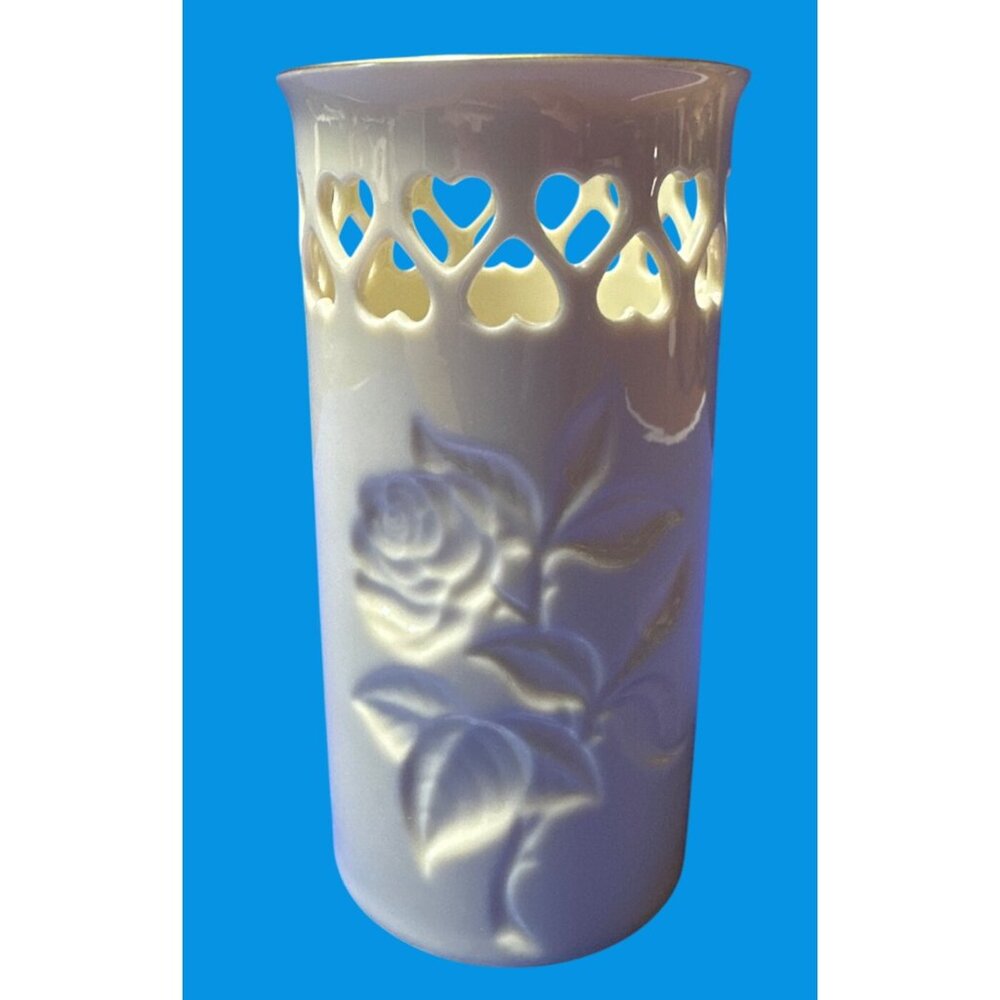 Vintage Lenox 6 Inch Pierced Rose Hearts Vase Ivory China Gold Trim Made in USA